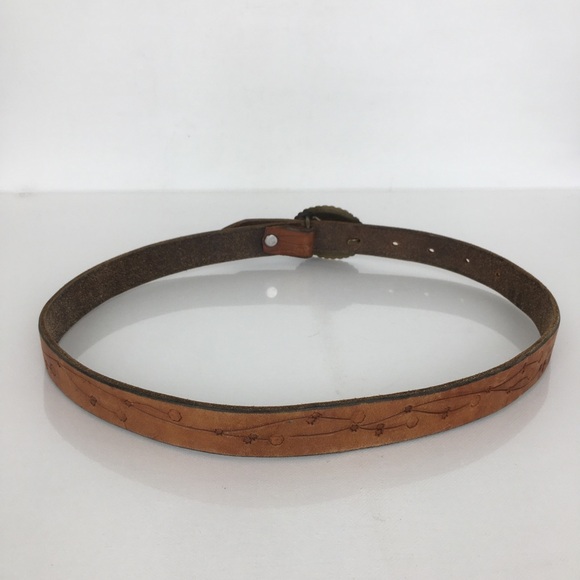 Thin Vintage Tooled Leather Belt With Brass Concho Buckle Brown Floral Size S - Picture 7 of 9